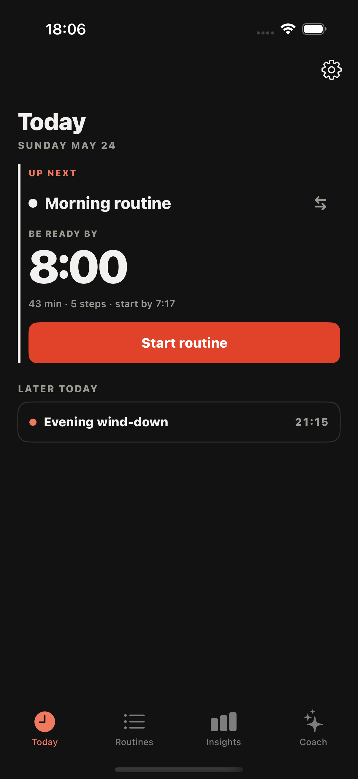 Ritualy Today screen: 'Morning routine, be ready by 8:00', 43 min and 5 steps, with a Start routine button.
